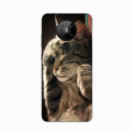 a cat with its head on the phone case