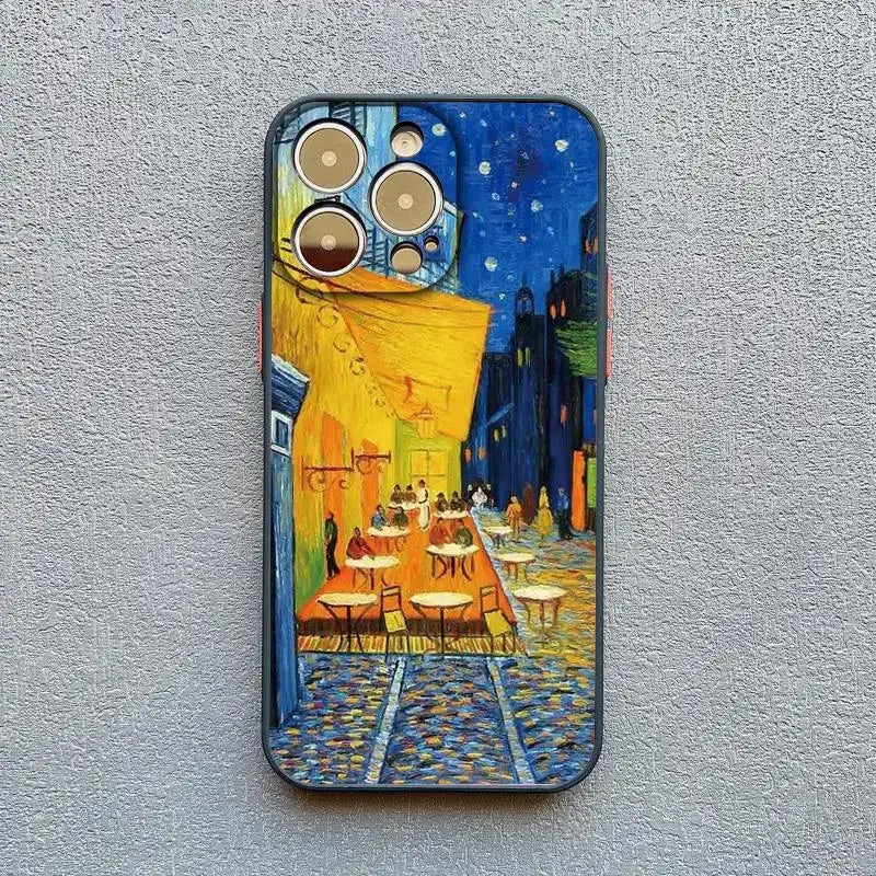 a phone case with a painting of a cafe