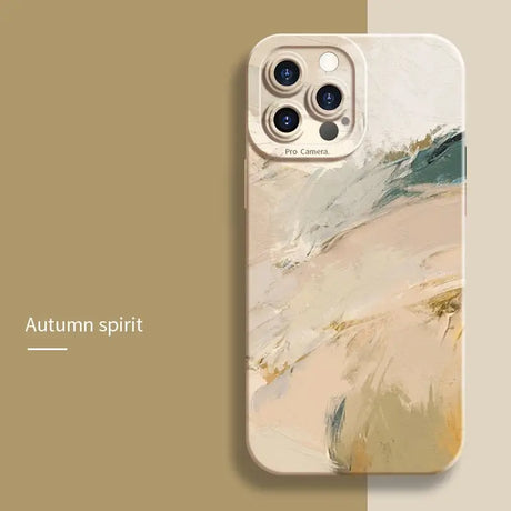 A phone case with a painting of a white and beige abstract design