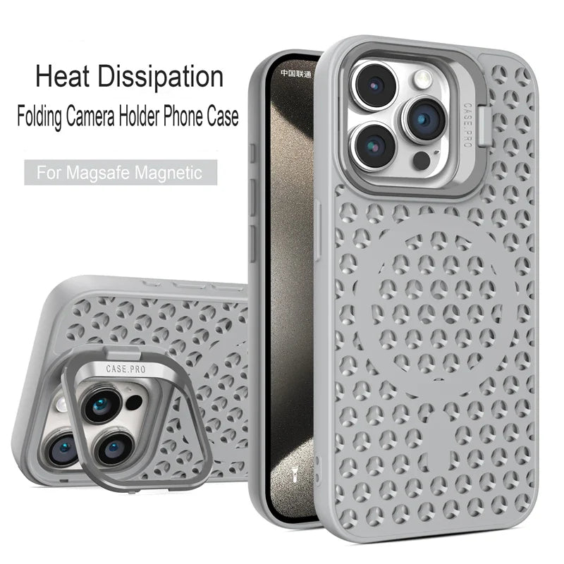 Heat-dissipating phone case with a perforated design and folding camera holder for MagSafe magnetic compatibility.