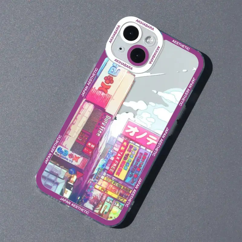 A phone case with a picture of a city