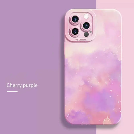 A phone case with a purple and pink watercolor design