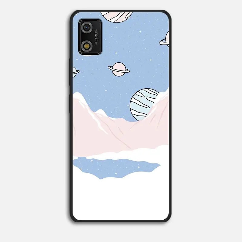 a phone case with a landscape and mountains in the background