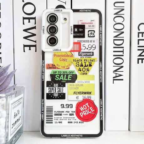 there is a phone case with a sticker on it sitting on a shelf