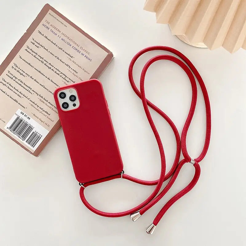 a red phone case with a red strap