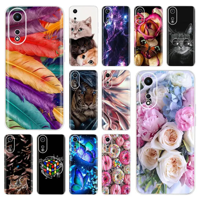 a collection of colorful cases with cats and flowers