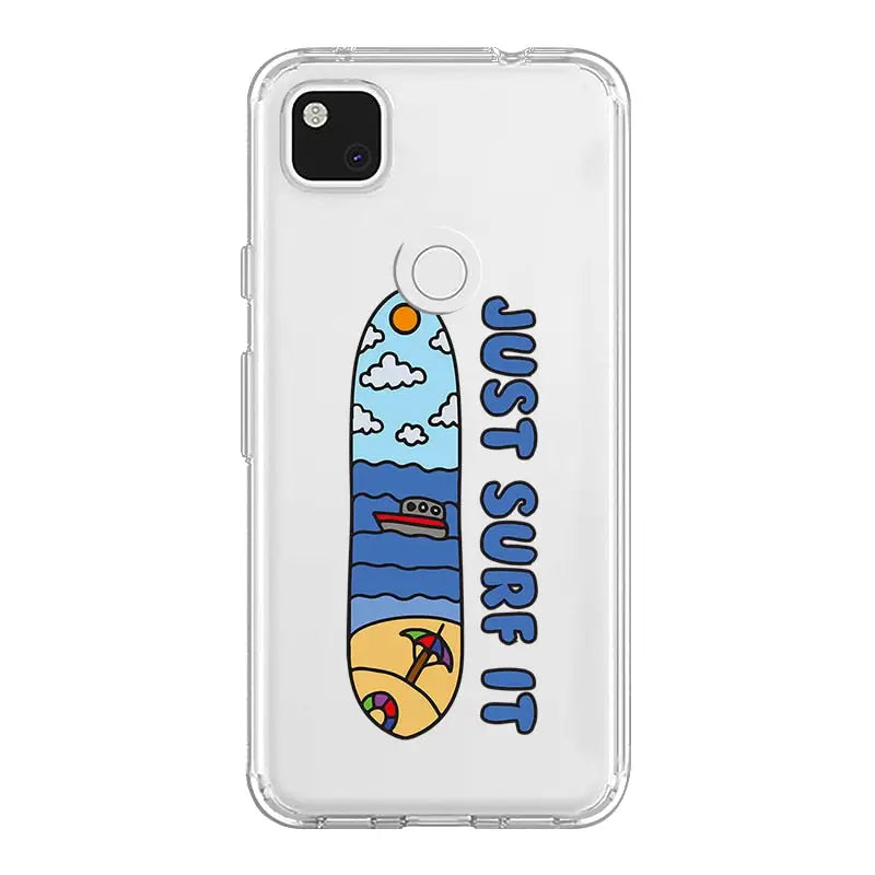 a phone case with a surfboard and a beach scene