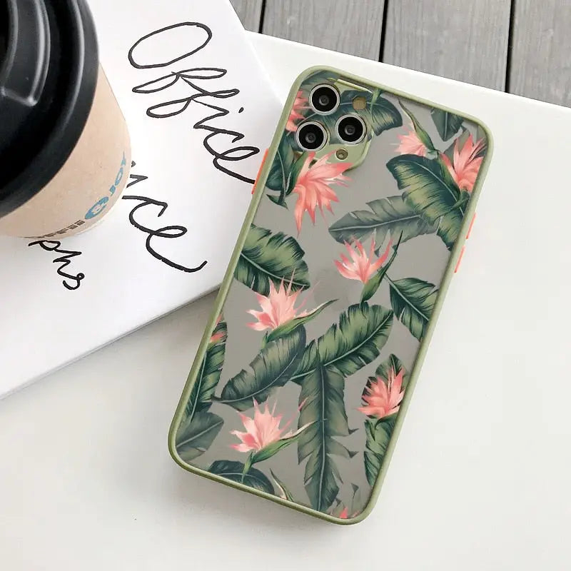 a phone case with a tropical print