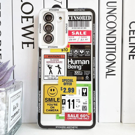 a phone case with a variety of stickers on it