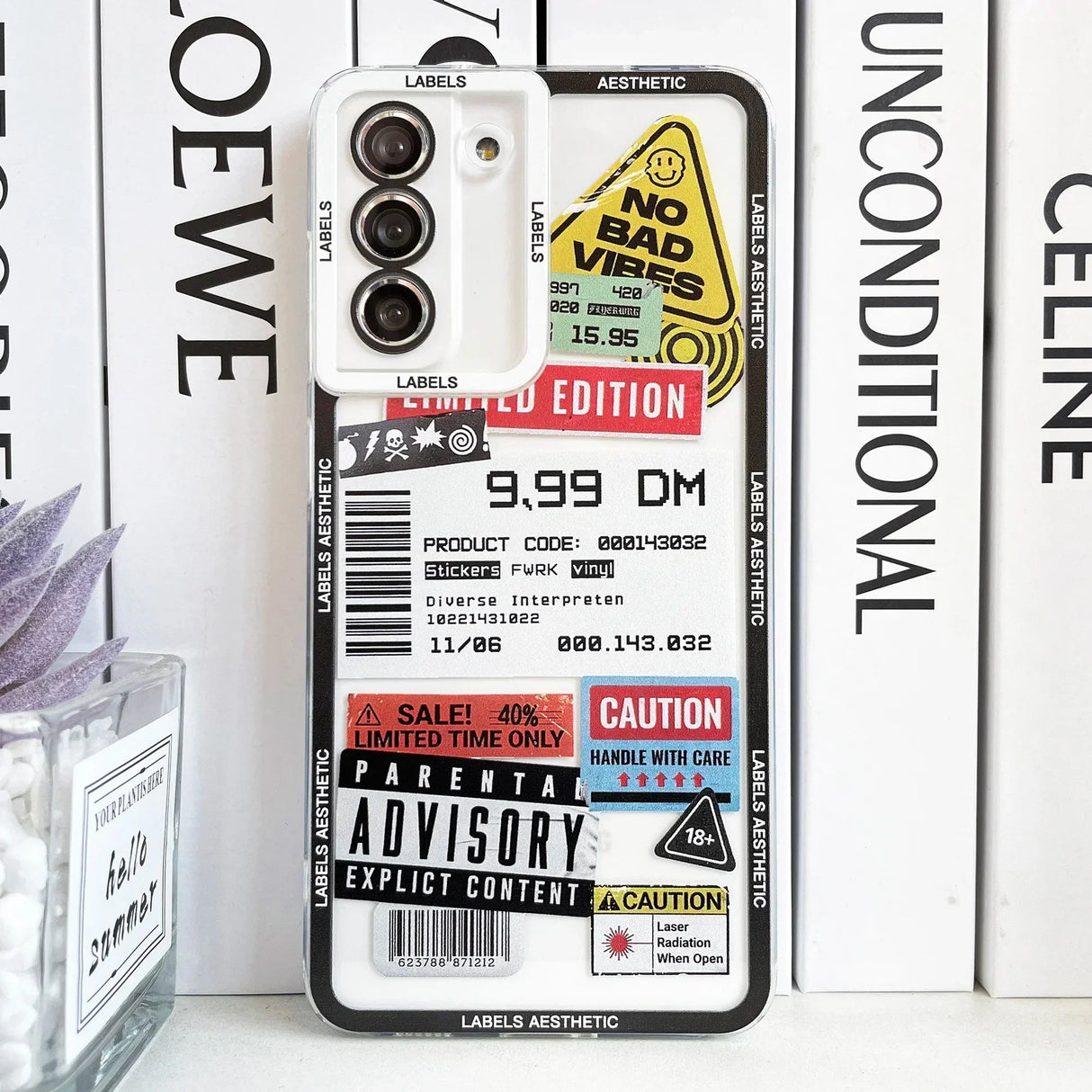 a phone case with a variety of stickers on it