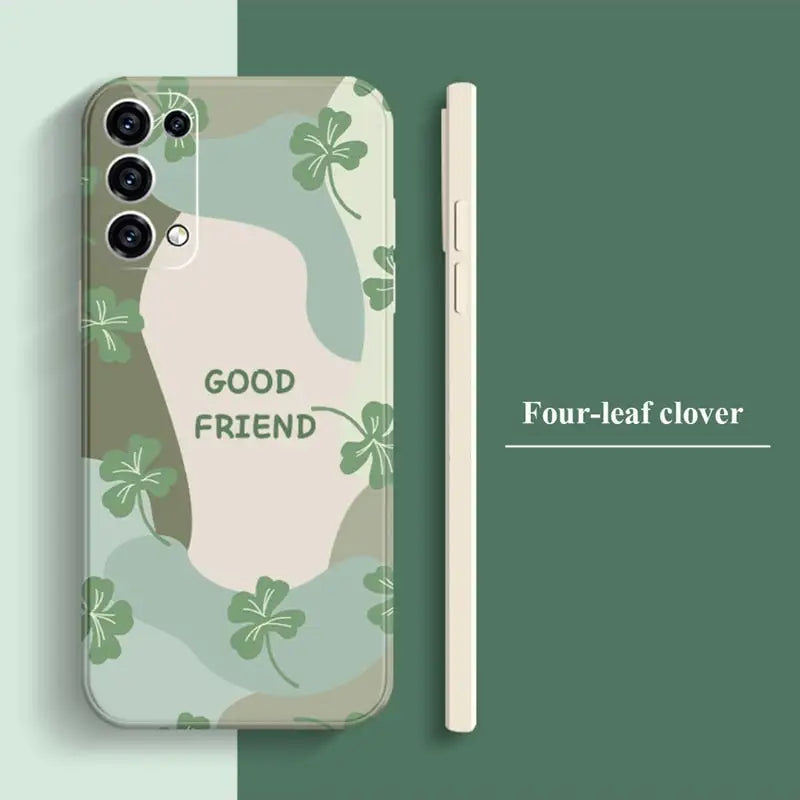 a close up of a phone case with a green leaf pattern