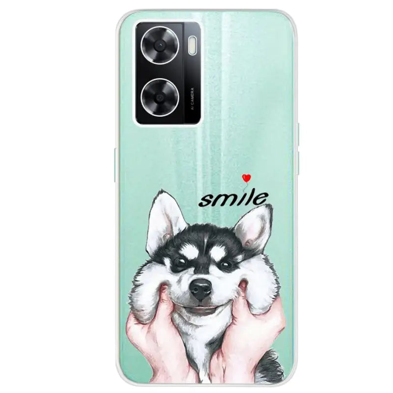 a phone case with a dog and the words smile