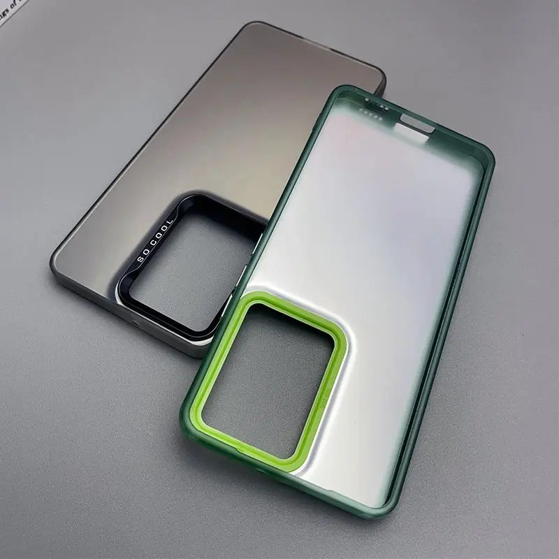 Phone cases with contrasting colored borders and transparent backs.