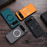 Phone cases in various colors with circular magnetic attachments.