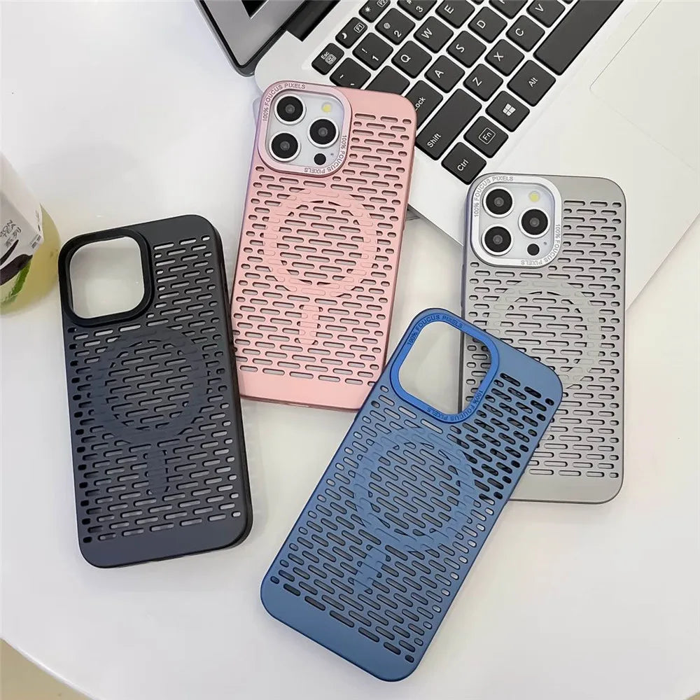 Phone cases with perforated designs in different colors.