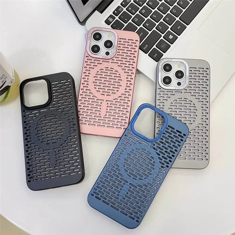 Phone cases with perforated designs in different colors.