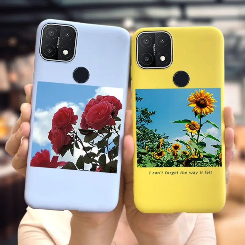 two phone cases with a photo of a sunflower and a flower