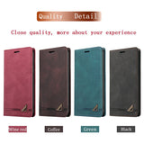 Phone cases or wallet covers in four different colors: wine red, coffee, green, and black.