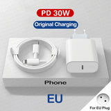 Phone charger set with a 30W PD adapter, USB-C cable, and EU plug compatibility.