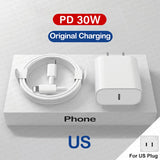 Phone charger set with USB-C cable and 30W power adapter for US outlets.