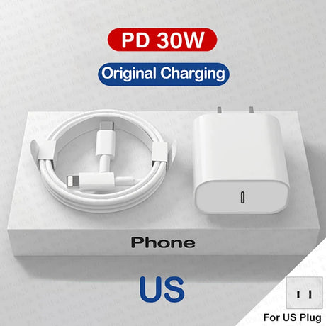 Phone charger set with USB-C cable and 30W power adapter for US outlets.