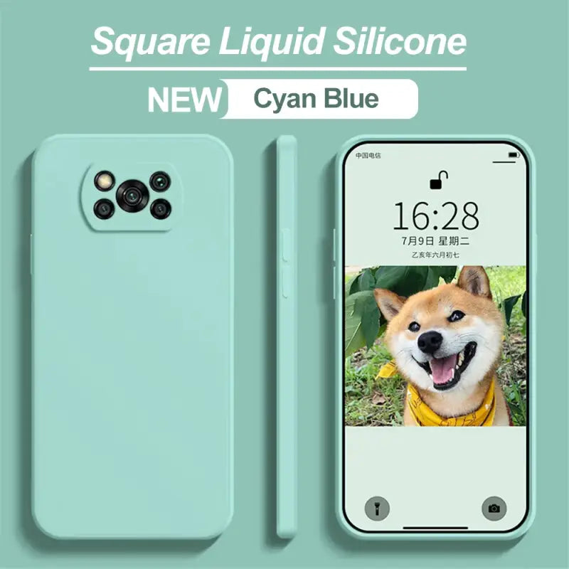 A phone with a dog on it and the text, square liquid silicon case