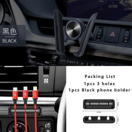 a close up of a car dashboard with a phone holder and a usb cable