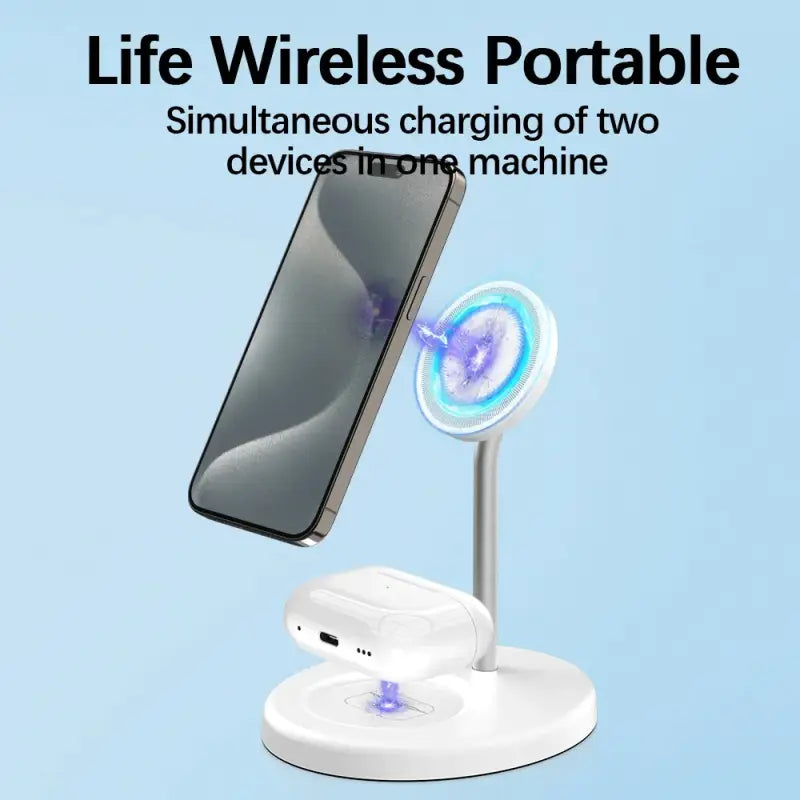 a phone and a charging stand with a phone on it