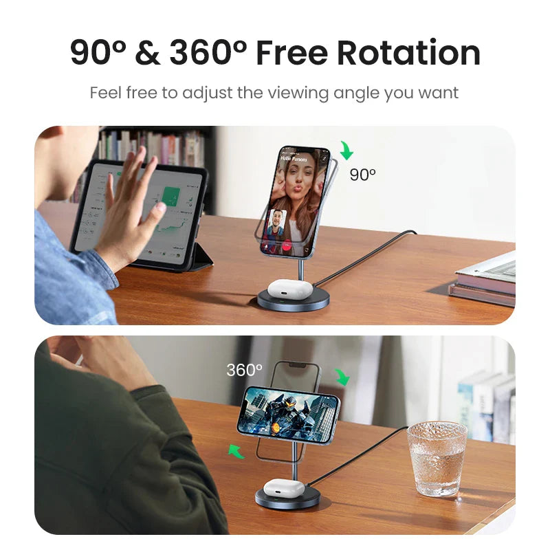 Rotating phone stand with 90° and 360° adjustment capabilities for flexible viewing angles.