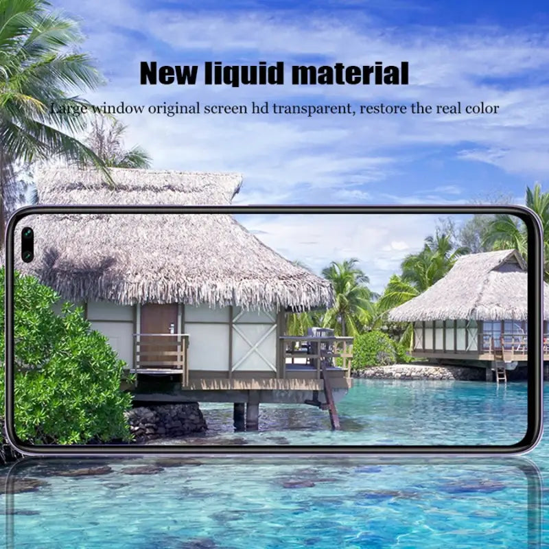 a phone with a view of a tropical resort