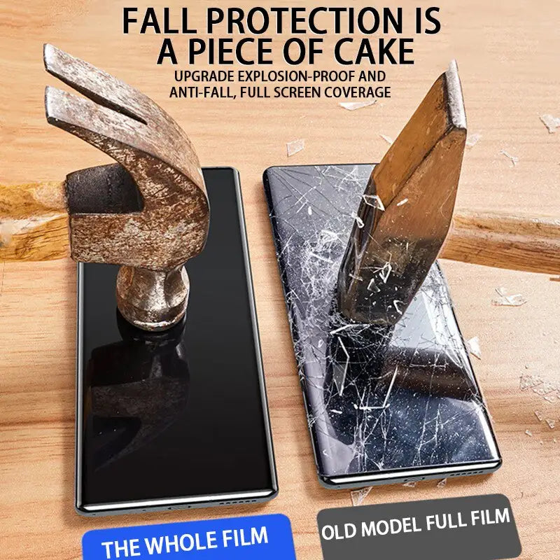 there are two phones with a hammer and a piece of glass on them