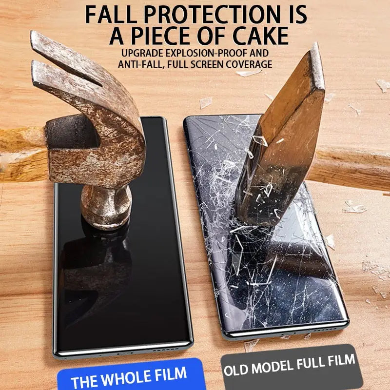 there are two phones with a hammer and a piece of glass on them