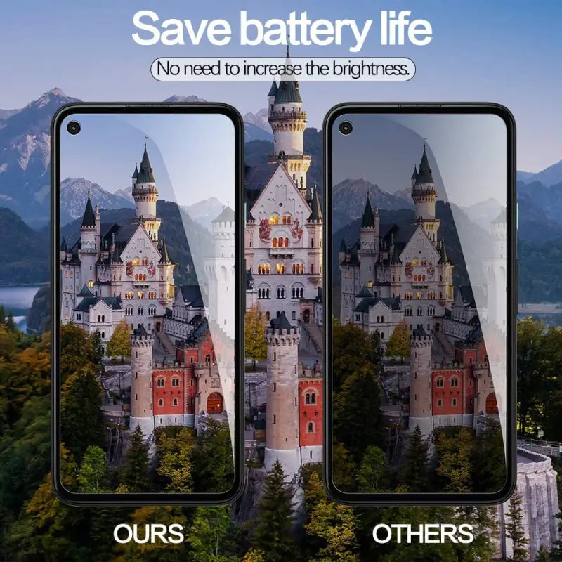 two phones with the same image of a castle on the screen