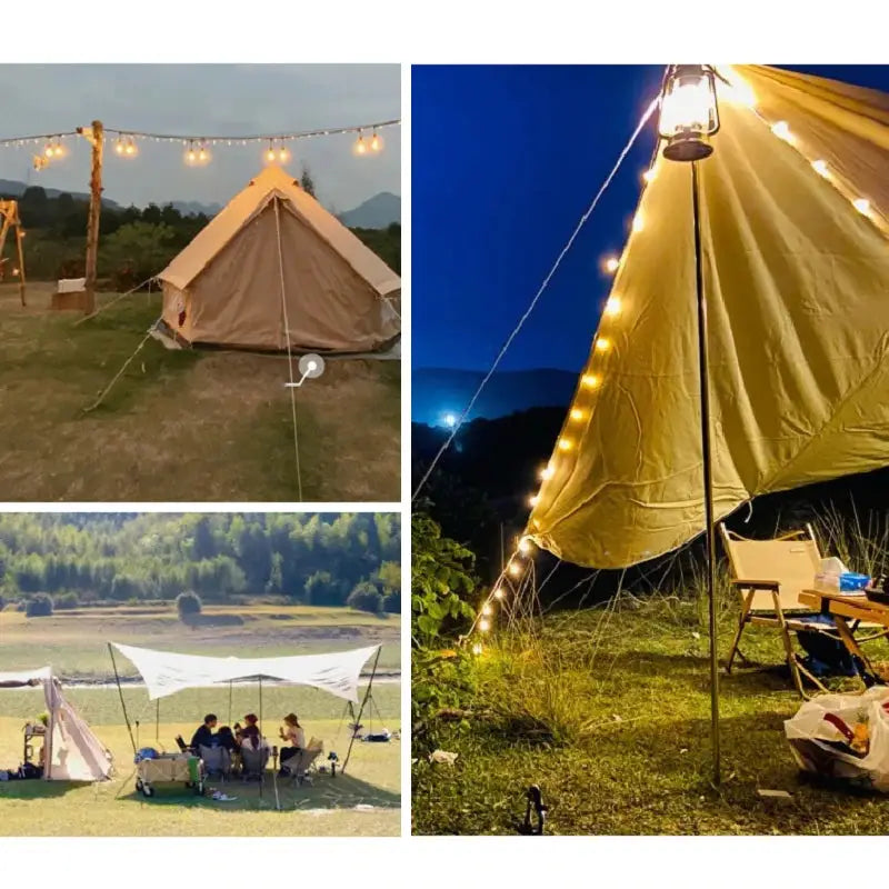 several pictures of a tent with lights and people sitting outside