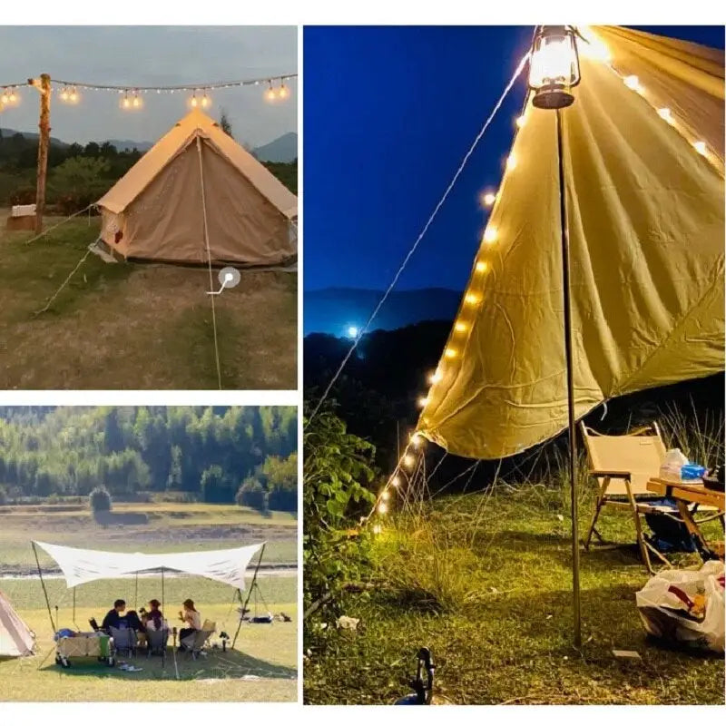 several pictures of a tent with lights and people sitting outside