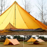 a yellow tent with a black and orange tent