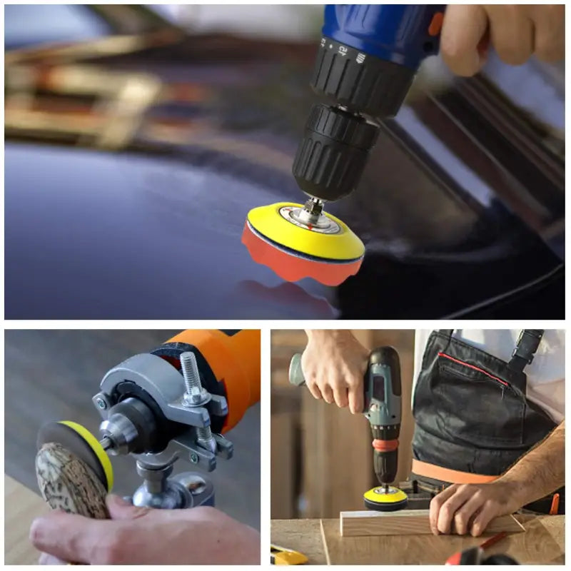 a collage of images of a person using a sander to sand a piece of wood