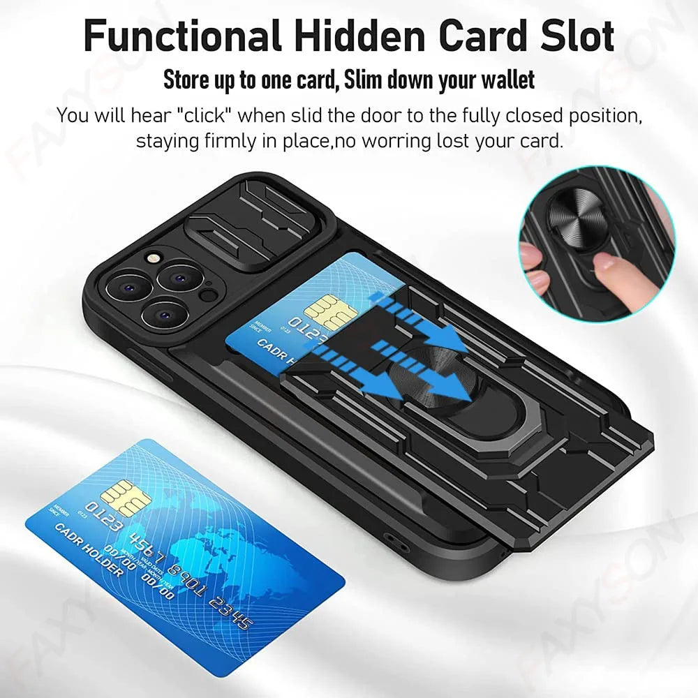 Armor Card Case with Magnetic Ring Holder Stand For iPhone 15 14 13 12 11 Pro Max Plus Wallet Slide Camera Military Grade Cover