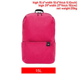 a picture of a pink backpack with a black handle and a red tag