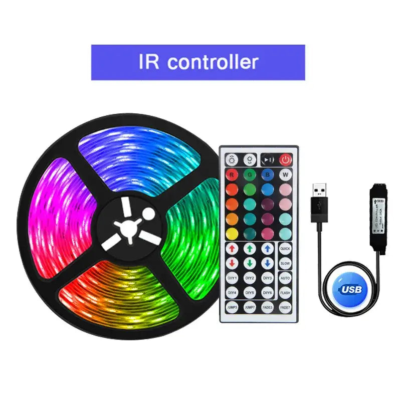 a picture of a remote control and a colorful light strip