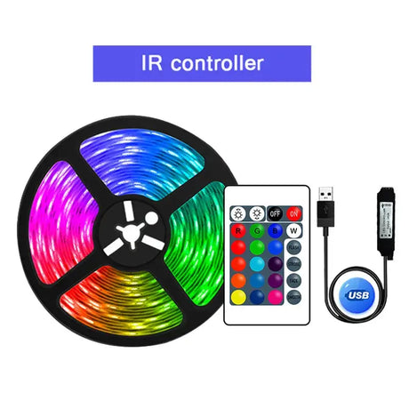 A picture of a remote control and a colorful light strip