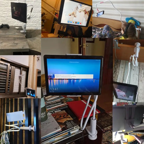 several pictures of a computer monitor and a laptop on a desk