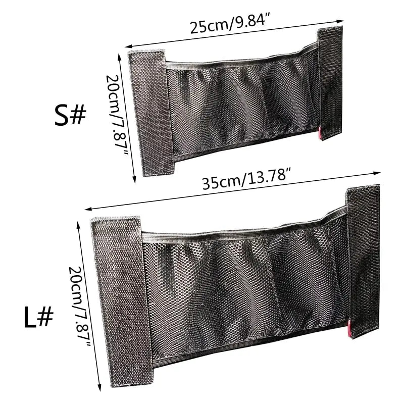 two pictures of a pair of black bags with measurements