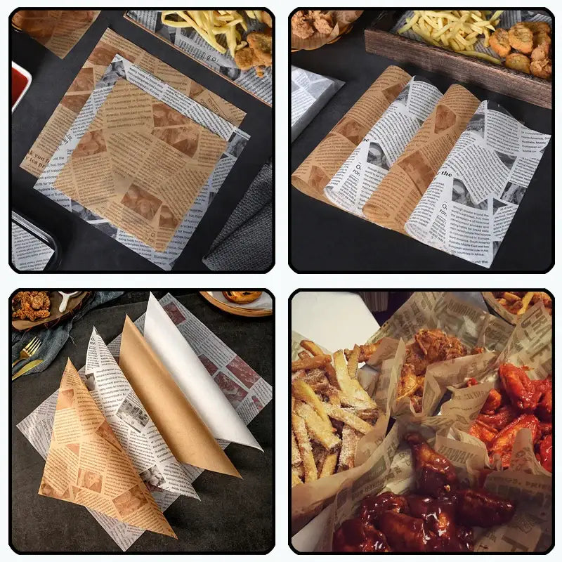 several pictures of a variety of food items including french fries, hot dogs, and ketchup