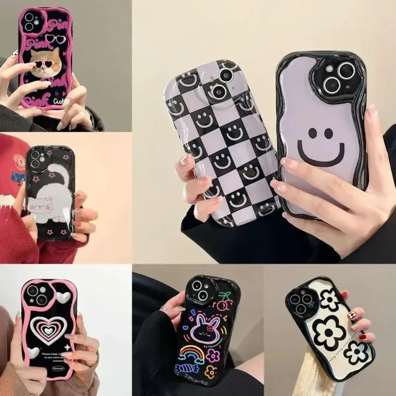 several different pictures of a woman holding a cell phone case