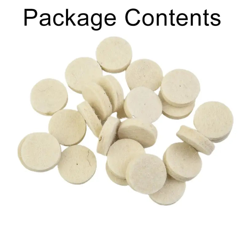 a pile of white wooden discs with the words package contents
