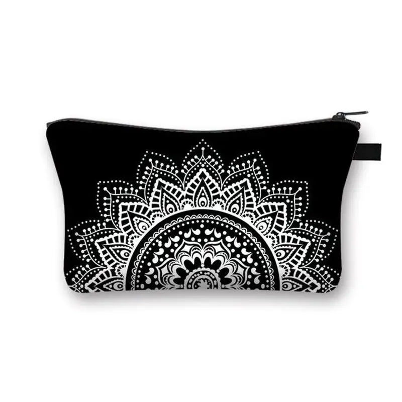 a black and white zipper bag with a white and black design