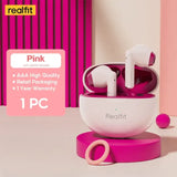 a pink airpods with a pink and white background