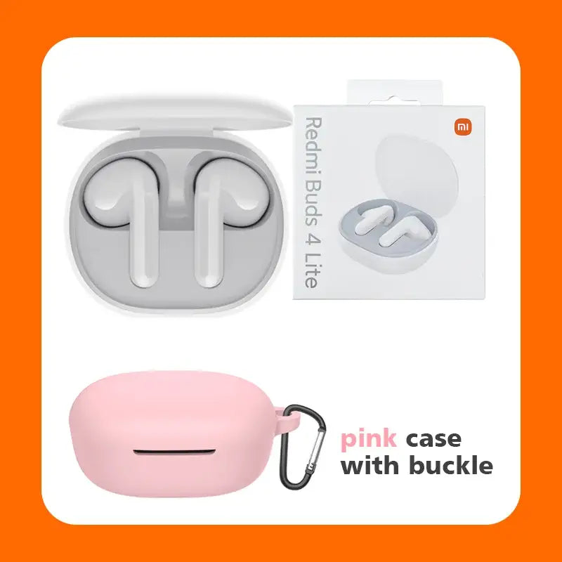 a pink airpods with a white box and a pink earphone