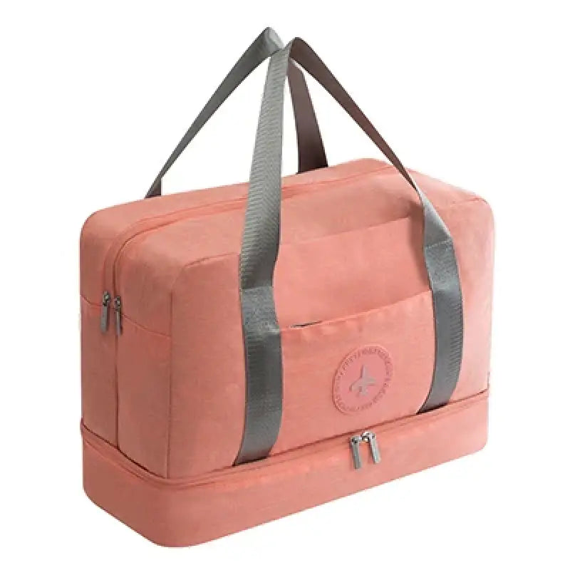 the pink bag is a large, pink bag with a grey handle